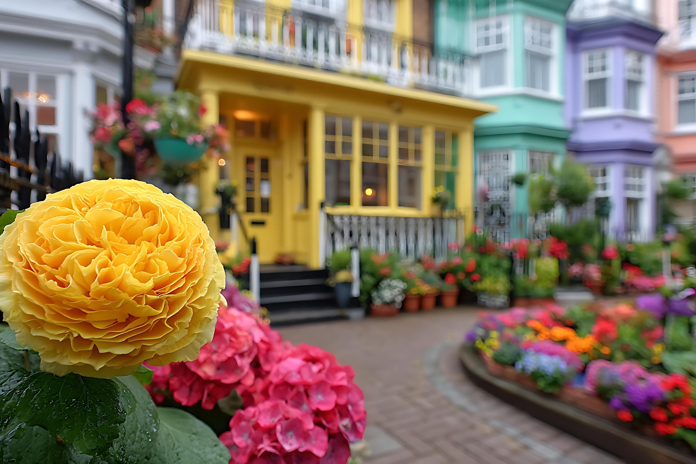 Colourful house fronts with a yellow rose in the foreground